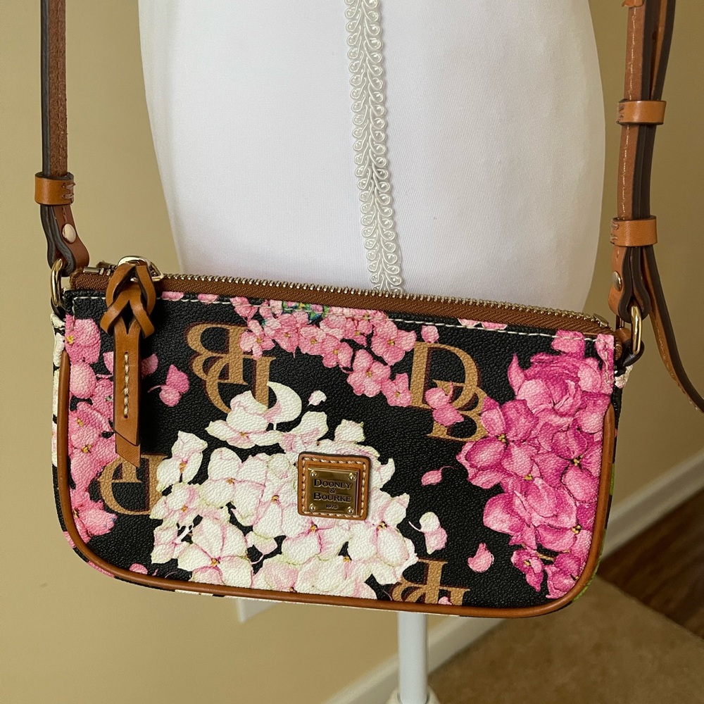 Dooney & Bourke Black Floral Mini Crossbody with Pink & White Blooms